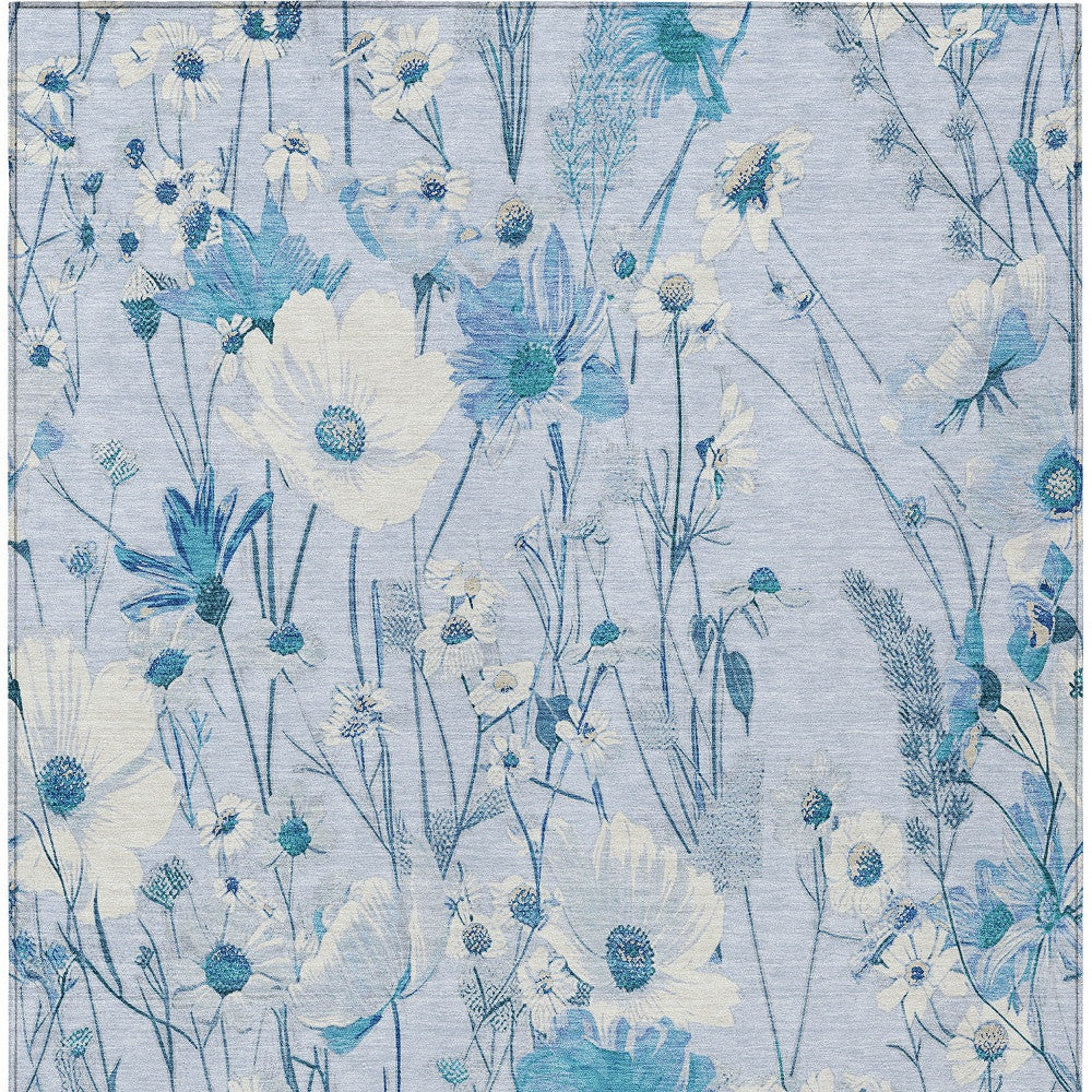 5' X 8' Sky Blue And Denim Blue Floral Washable Indoor Outdoor Area Rug-5