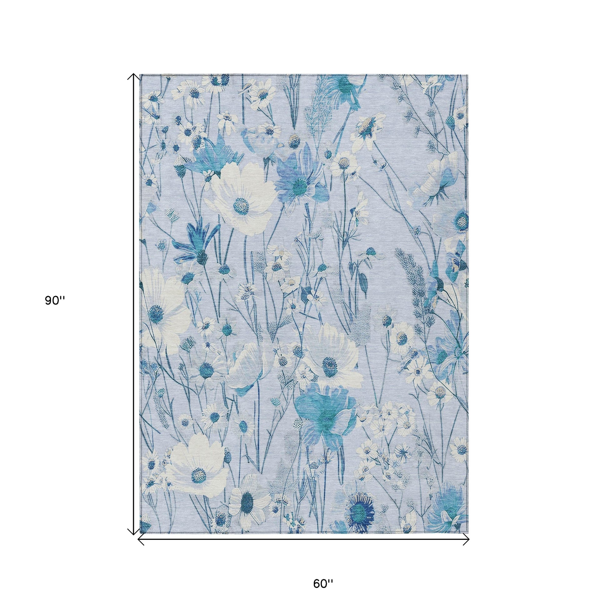 5' X 8' Sky Blue And Denim Blue Floral Washable Indoor Outdoor Area Rug-2