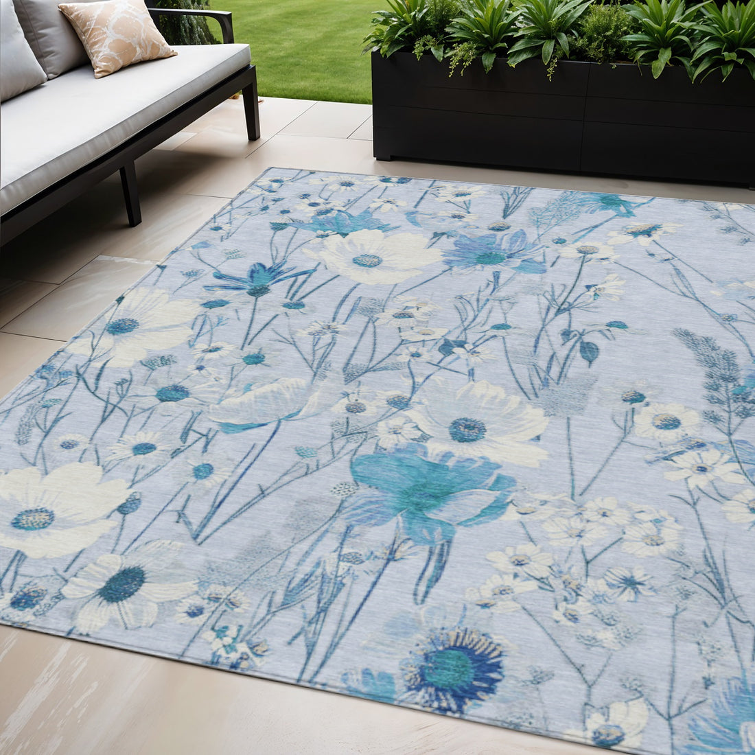 5' X 8' Sky Blue And Denim Blue Floral Washable Indoor Outdoor Area Rug-0