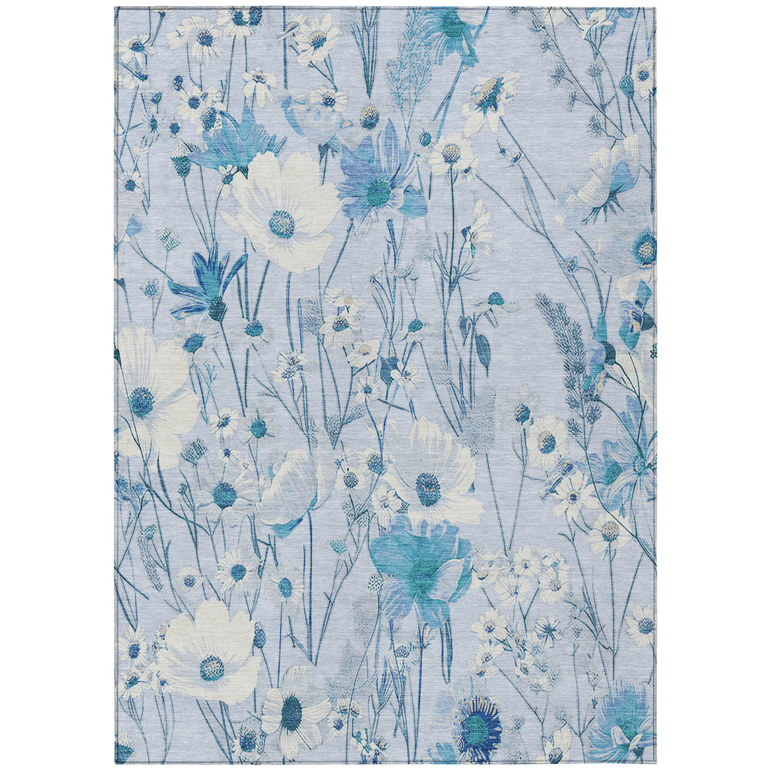 5' X 8' Sky Blue And Denim Blue Floral Washable Indoor Outdoor Area Rug-0