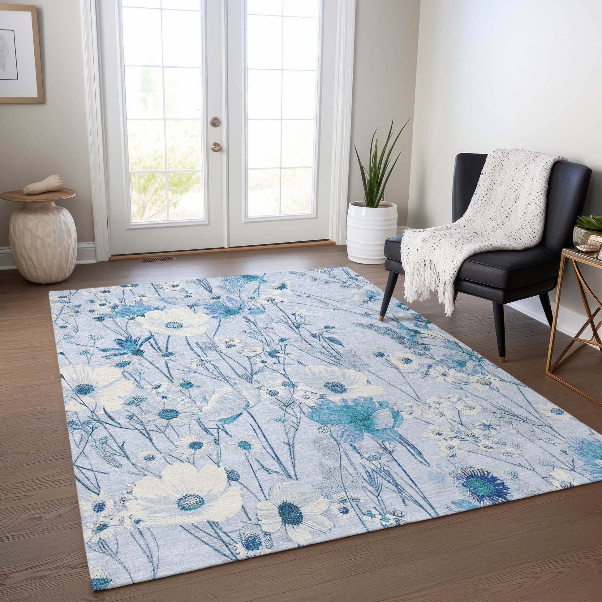 5' X 8' Sky Blue And Denim Blue Floral Washable Indoor Outdoor Area Rug-7